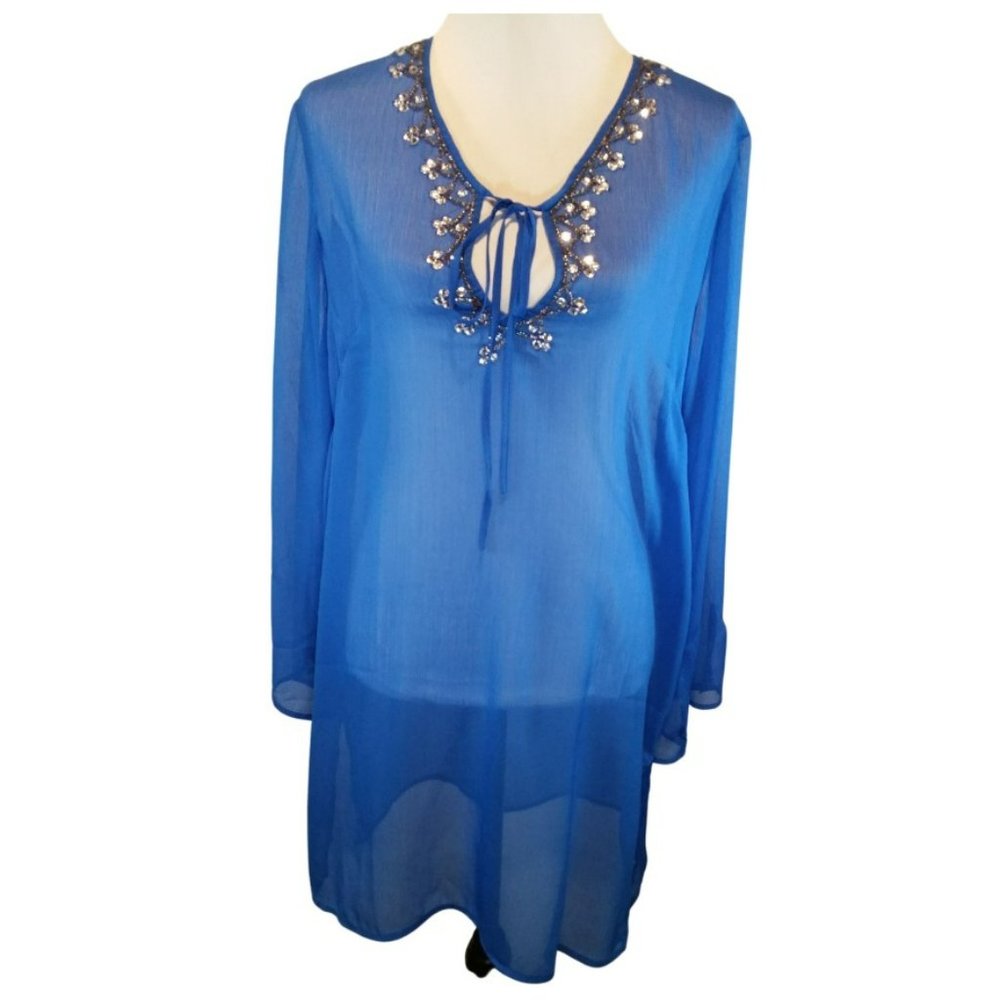 NEW- Soaked Blue Swim Suit Sheer Coverup Tunic with Rhinestones & Beads Size L